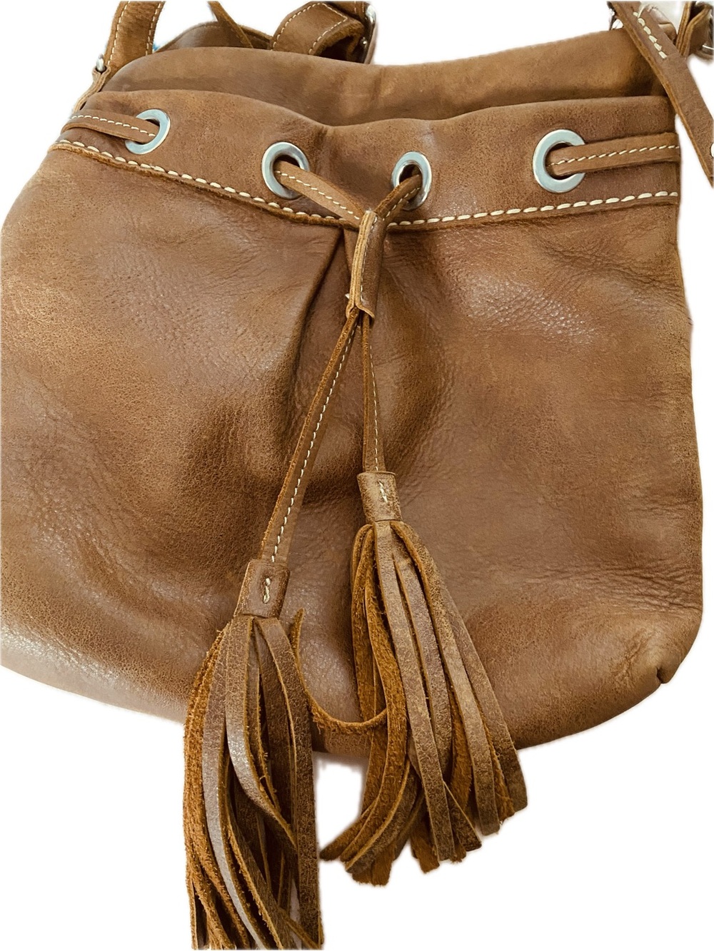 Roots Brown Leather Tassel Drawstring Crossbody Bag